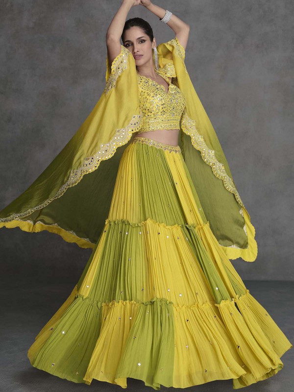 Neon Yellow Real Organza Silk Shrug Style Lehenga Choli